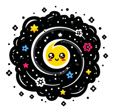 This vibrant cartoon image features a cheerful sun character surrounded by a whimsical galaxy filled with colorful stars and flowers, radiating joy and creativity.のイラスト素材