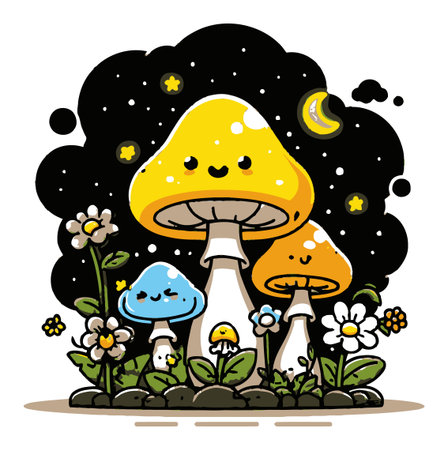 Delight in this whimsical cartoon scene featuring cheerful mushrooms and flowers under a starry night sky, perfect for adding a touch of joy and creativity to any project.のイラスト素材