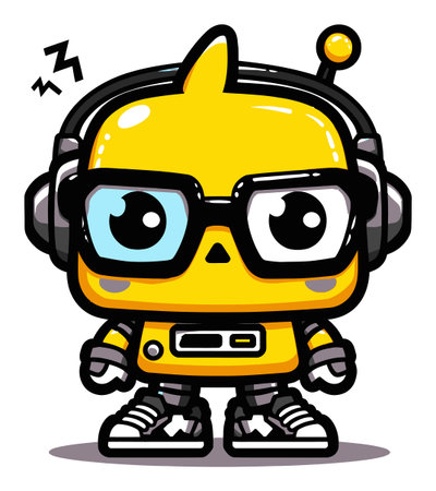 This adorable cartoon robot character features yellow coloring, big glasses, and headphones, perfect for playful designs or childrens themes. Ideal for creative projects!のイラスト素材