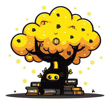 Explore a whimsical cartoon tree character surrounded by books and glowing stars. This imaginative design captures the joy of storytelling and nature.のイラスト素材