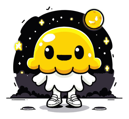This charming cartoon jelly character features a bright yellow design, standing against a whimsical starry backdrop with a moon. Ideal for playful illustrations.のイラスト素材
