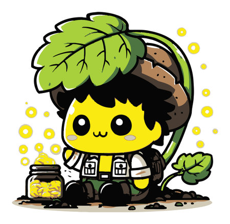 This adorable cartoon character features a lively yellow figure with a leaf for a hat, sitting beside a jar of gold coins. Perfect for children's themes.のイラスト素材