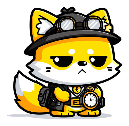 A charming cartoon fox character dressed in steampunk attire, complete with goggles and a watch, embodies whimsy and adventure in a playful design.のイラスト素材