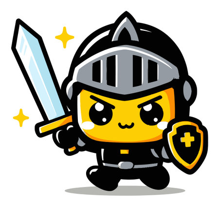 Adorable cartoon knight character holding a sword and shield, ready for adventure! Perfect for children's illustrations, playful designs, and fantasy themes.のイラスト素材