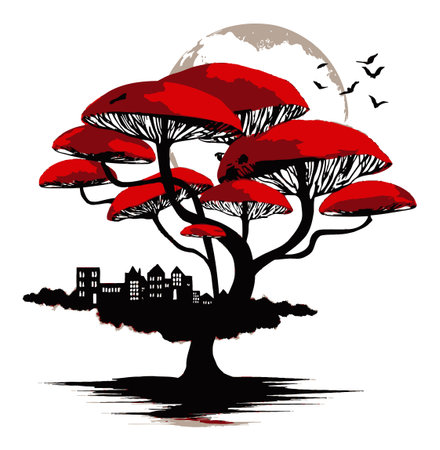 This striking illustration features a bold red tree silhouette against a cityscape backdrop, highlighted by a full moon and birds in flight, creating a dynamic visual narrative.のイラスト素材
