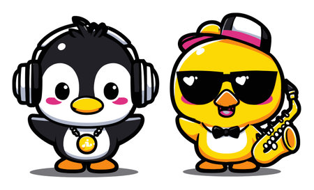 Enjoy this vibrant illustration of cute cartoon animals, a penguin and a duck, showcasing their love for music with stylish accessories and joyful expressions.のイラスト素材