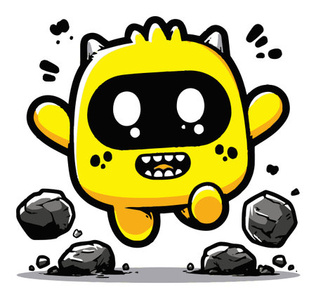 This vibrant cartoon monster character is jumping with joy, surrounded by playful boulders, showcasing a fun and imaginative design perfect for children's media.のイラスト素材