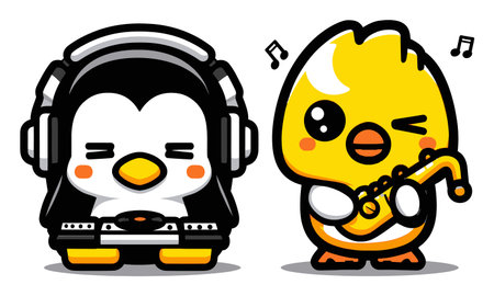 This adorable cartoon illustration features a penguin DJ and a playful chick playing the saxophone, creating a joyful atmosphere filled with music and fun.のイラスト素材