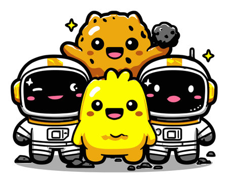 This vibrant cartoon showcases cute astronauts and delightful characters, bringing joy and whimsy to any project. Perfect for children's content.のイラスト素材