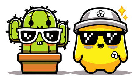 A playful cartoon cactus with sunglasses stands next to a cheerful yellow character, both exuding joy and a fun vibe perfect for colorful designs.のイラスト素材