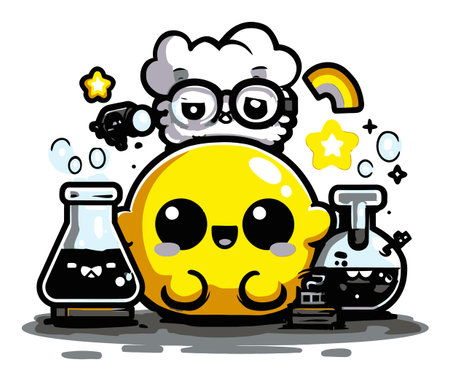 Delightful cartoon chemist character surrounded by lab equipment, showcasing a playful atmosphere with vibrant colors and whimsical elements. Perfect for educational themes!のイラスト素材