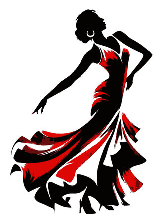 This striking illustration features an elegant female dancer in a flowing red dress, capturing the essence of movement and grace with artistic flair.のイラスト素材