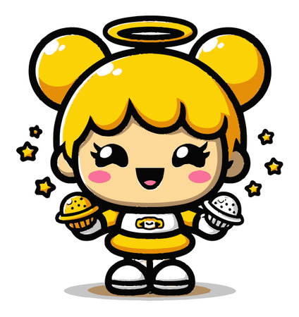 This vibrant cartoon character features a sweet girl with a halo, joyfully holding ice cream cones. Her cheerful expression and colorful design evoke happiness and playfulness. Perfect for childrens themes.のイラスト素材