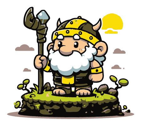 Adorable cartoon Viking character stands proudly with a staff atop a lush green hill. The playful design and vibrant colors capture a whimsical fantasy theme, perfect for children's stories and illustrations.のイラスト素材