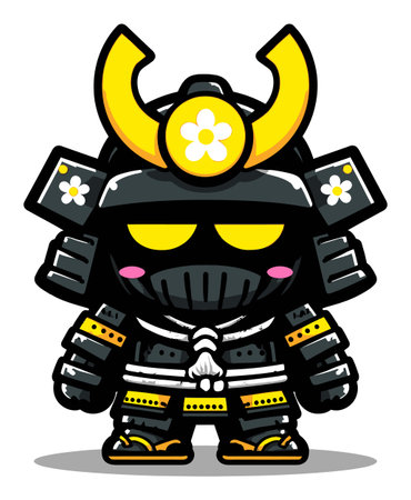 This vibrant cartoon samurai character features black armor, yellow accents, and a playful smile. Perfect for children's themes, animation, and creative projects.のイラスト素材