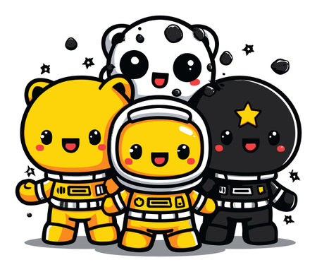 This colorful cartoon illustration features adorable characters in space suits, showcasing joy and friendship amid a playful cosmic background filled with stars.のイラスト素材