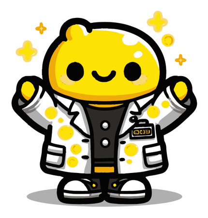 This vibrant cartoon character features a joyful yellow figure in a lab coat, exuding playfulness and charm. Perfect for fun illustrations.のイラスト素材
