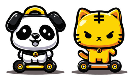 Explore the playful world of cute cartoon characters featuring a smiling panda and an angry cat on hoverboards, showcasing vibrant colors and charming designs.のイラスト素材