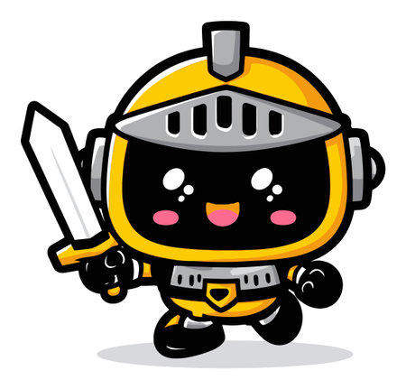 This cheerful cartoon knight in bright yellow armor holds a sword and beams a playful smile, perfect for children's illustrations and fantasy themes.のイラスト素材