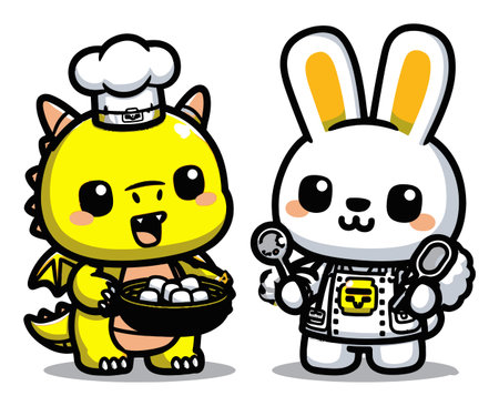 This vibrant cartoon features a cheerful dragon and bunny chefs happily cooking together, showcasing their playful friendship in a colorful kitchen setting.のイラスト素材