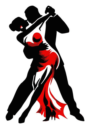 This stunning illustration features an elegant couple dancing a passionate tango. The bold contrast of red and black captures the energy and emotion of their embrace, perfect for romantic themes.のイラスト素材