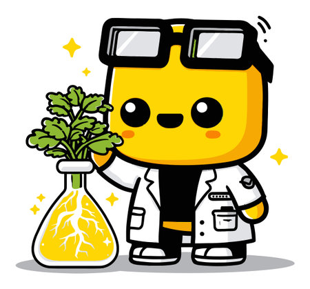 Adorable cartoon scientist character in a lab coat holding a test tube with roots. Bright colors and a cheerful expression make it ideal for educational content.のイラスト素材