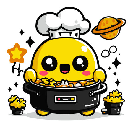 A vibrant cartoon character joyfully cooks in a pot, surrounded by stars and a planet. This cheerful design embodies fun and creativity, perfect for childrens themes.のイラスト素材