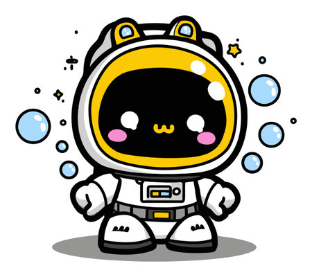 This adorable cartoon character is dressed in a space suit and surrounded by playful bubbles, radiating joy and happiness. Perfect for childrens themes.のイラスト素材