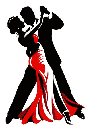 Minimalist illustration of a couple dancing elegantly, emphasizing romance and movement. The bold colors of red and black create a striking visual impact.のイラスト素材