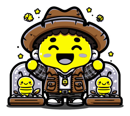 This cheerful cartoon character wears a cowboy hat and stands joyfully among bees and flowers. Perfect for designs needing a playful, friendly vibe.のイラスト素材