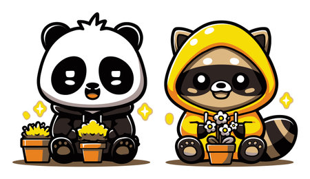 Charming cartoon panda and raccoon sit with plant pots, showcasing vibrant colors and joyful expressions. Perfect for children's themes and playful designs.のイラスト素材