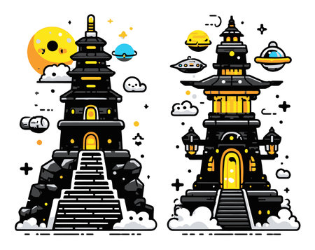 Bright and whimsical cartoon towers rise against a colorful sky filled with planets and clouds, creating a vibrant fantasy landscape perfect for imaginative themes.のイラスト素材
