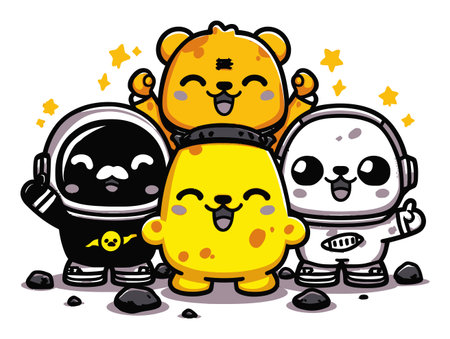 Adorable cartoon animals in astronaut costumes celebrating in space with stars. Perfect for children's design, fun projects, or imaginative themes featuring joy and friendship.のイラスト素材