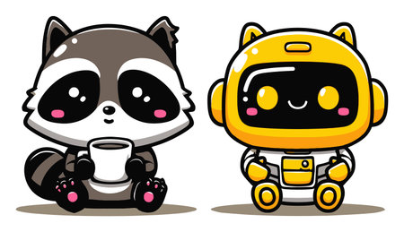 This artistic illustration features a cute raccoon holding a warm beverage beside a cheerful robot. Perfect for childrens design or playful themes.のイラスト素材