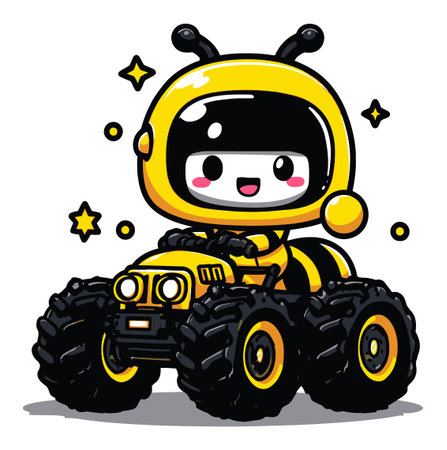 This vibrant illustration features a cute cartoon bee character joyfully driving a yellow monster truck. Perfect for childrens themes and playful designs!のイラスト素材