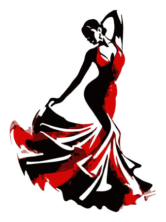 Captivating fashion illustration showcasing a graceful dancer in a flowing red dress, emphasizing elegance and movement in a striking art piece.のイラスト素材
