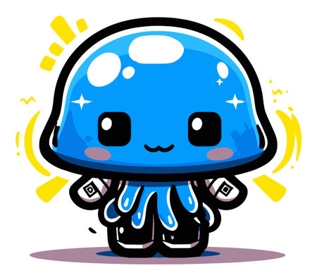 Bright and cute cartoon jellyfish character features a blue body and sparkling eyes. Ideal for children's designs, illustrations, and playful themes.のイラスト素材