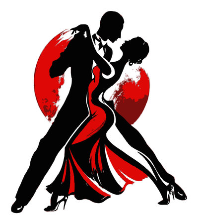 This striking illustration depicts a couple engaged in a passionate tango dance, showcasing elegance and fluid movement against a bold red backdrop.のイラスト素材