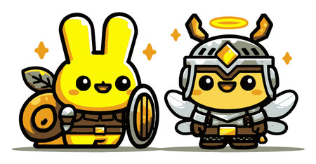 Two adorable cartoon characters, a smiling yellow rabbit and a heroic creature with wings, embody a playful spirit in a colorful fantasy world.のイラスト素材