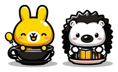Delight in this adorable illustration of a cute bunny and hedgehog sitting in teacups, radiating joy and playfulness. Perfect for various fun projects.のイラスト素材