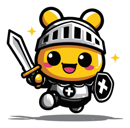 This cheerful cartoon bear knight character features a big smile while holding a sword and shield. The playful design exudes joy and adventure, perfect for childrens storytelling.のイラスト素材