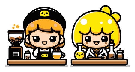 This adorable cartoon features two cheerful baristas serving coffee and treats in a vibrant cafe setting. Perfect for conveying warmth and friendliness.のイラスト素材