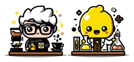 Charming cartoon characters featuring a scientist with glasses and a happy lemon in a lab setting, combining coffee and chemistry for educational fun.のイラスト素材