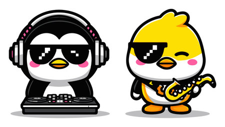 This lively cartoon features two adorable penguins, one as a DJ and the other playing a saxophone, showcasing a cheerful atmosphere filled with music and fun.のイラスト素材