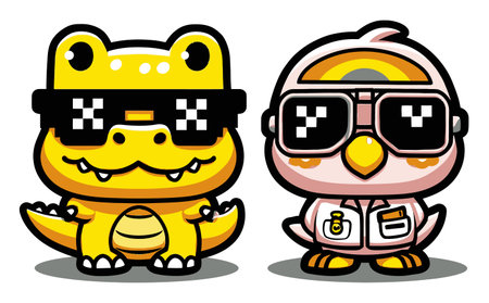 This cheerful cartoon image features a quirky dinosaur and a cute bird, both wearing sunglasses. Perfect for projects that need fun and whimsical elements.のイラスト素材