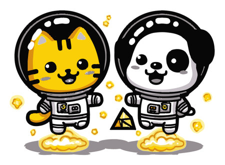Adorable cartoon animals, a cat and a panda, float joyfully in space wearing astronaut suits. The vibrant colors and playful design evoke a sense of fun and adventure.のイラスト素材