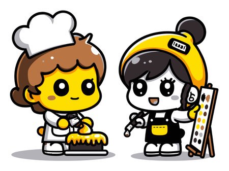 Two adorable cartoon characters, a cheerful chef and a playful artist, engage in creative activities related to baking and painting, showcasing fun and friendship.のイラスト素材