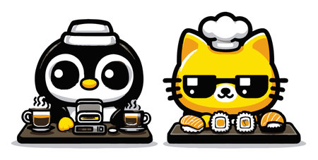 Delight in this vibrant cartoon of a penguin and cat, both enjoying sushi and coffee. Perfect for playful themes, cheerful expressions, and cozy settings.のイラスト素材