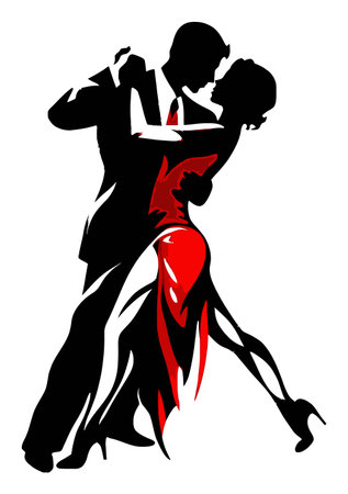 This artistic illustration showcases a couple engaged in a passionate dance, featuring a striking silhouette in bold colors. Perfect for themes of romance and elegance.のイラスト素材