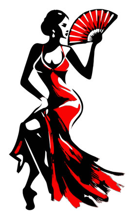 This artistic illustration features a graceful woman in a flowing red dress, elegantly holding a fan. The bold colors and striking silhouette capture beauty and femininity, perfect for various creative projects.のイラスト素材